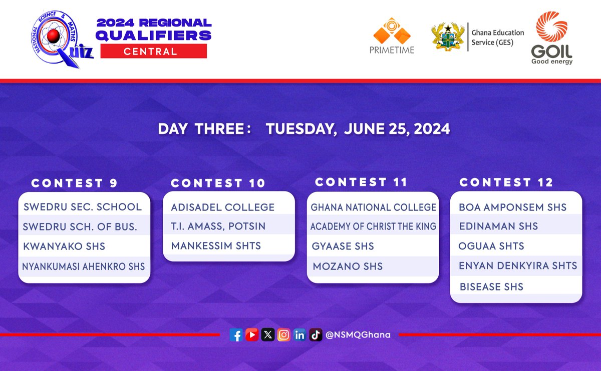CONFIRMED: Twelve pulsating contests!🥵 You cannot afford to miss the Central #NSMQRegionals scheduled for June 22, 24 & 25, 2024. Watch this space for all the action... #NSMQ2024 #Primetime