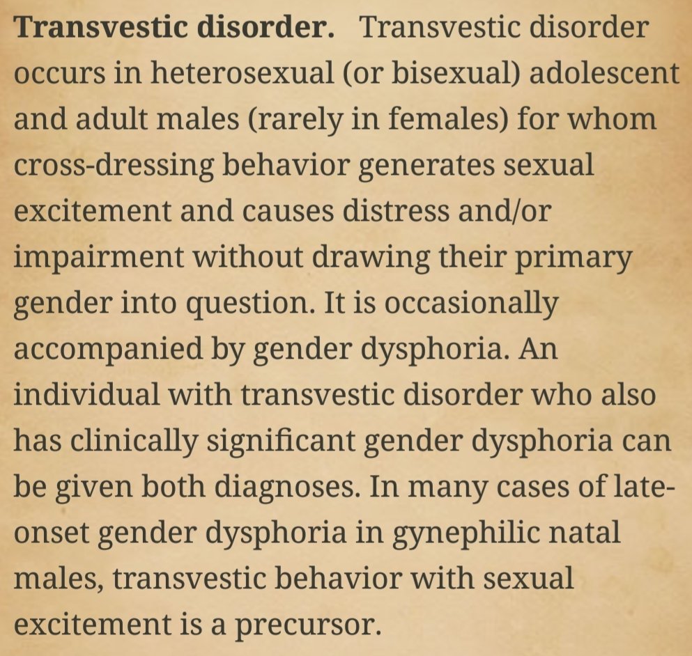 @ripx4nutmeg Thanks to ideology, pervy transvestites now get a free pass to abuse women, which is why we keep hearing more & more about such incidents. Psychiatry's long-known OCD-levels of fetishism is one cause of gender dysphoria. Why are men's kinks protected in law? From the DSM-5: