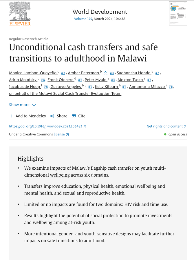 Transfer Project (@transferprojct) on Twitter photo .<a href="/Monica_Lambon/">Monica Lambon- Quayefio</a> et al. found that in 🇲🇼, household receipt of bi-monthly transfers led to improvements in 4/6 outcome domains
1⃣education
2⃣physical health
3⃣emotional well-being and mental health
4⃣sexual and reproductive health.
read more here ⤵️
doi.org/10.1016/j.worl… .<a href="/Monica_Lambon/">Monica Lambon- Quayefio</a> et al. found that in 🇲🇼, household receipt of bi-monthly transfers led to improvements in 4/6 outcome domains
1⃣education
2⃣physical health
3⃣emotional well-being and mental health
4⃣sexual and reproductive health.
read more here ⤵️
doi.org/10.1016/j.worl…