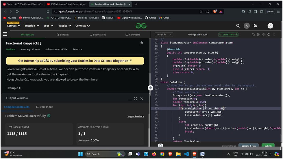 ashmit_mala's tweet image. 🚀Day 74 of #100DaysOfDSA: Explored Greedy Algorithms with 4 problems solved: Assign Cookies, Fractional Knapsack, Minimum Number of Coins, Lemonade Change. Participated in GFG Weekly Contest 156, Scored 100/100 with a rank of 209 among 2838 participants.💪💡#GFG #GreedyAlgorithm