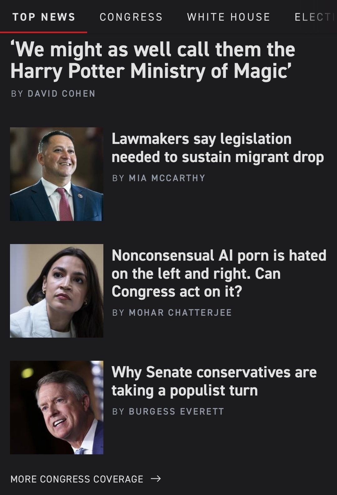 Mohar Chatterjee on X: Appreciate this Harry Potter reference in  @politicos Sunday front page line up. Mine is the one about how  unauthorized AI porn might just bust Congress tech policy gridlock.