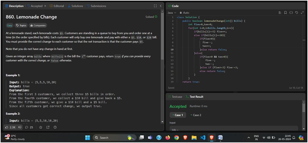 ashmit_mala's tweet image. 🚀Day 74 of #100DaysOfDSA: Explored Greedy Algorithms with 4 problems solved: Assign Cookies, Fractional Knapsack, Minimum Number of Coins, Lemonade Change. Participated in GFG Weekly Contest 156, Scored 100/100 with a rank of 209 among 2838 participants.💪💡#GFG #GreedyAlgorithm
