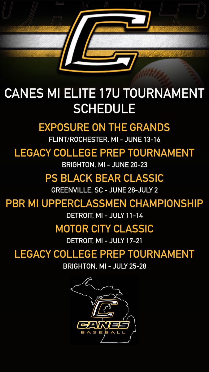 Excited to announce our tournament schedule for the upcoming season!
<a href="/LegacyMI_BAS/">Legacy Baseball</a> 
<a href="/PBRTournaments/">Prep Baseball Tournaments</a> 
<a href="/MotorCityTourn/">Motor City Classic Baseball Tournament</a>