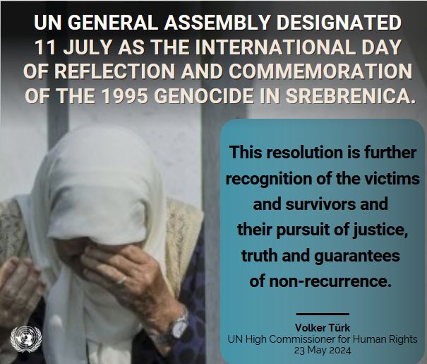 .@UNHumanRights Chief @volker_turk welcomes resolution to commemorate 1995 genocide in #Srebrenica with annual day of reflection on July 11th. buff.ly/4bQdg2v
