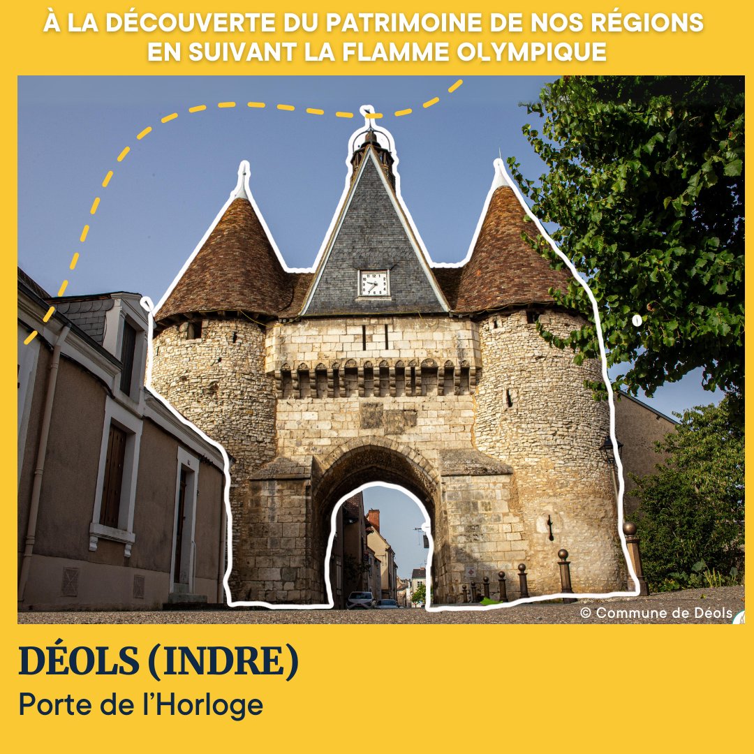 🔥27/05 la flamme olympique @Paris2024 est aujourd'hui dans l'@Indre36 Elle passera notamment à Déols, l'occasion de découvrir sa Porte de l'Horloge du XVe siècle dont la restauration est soutenue par une collecte de dons de la @fond_patrimoine ➡️fondation-patrimoine.org/les-projets/po…