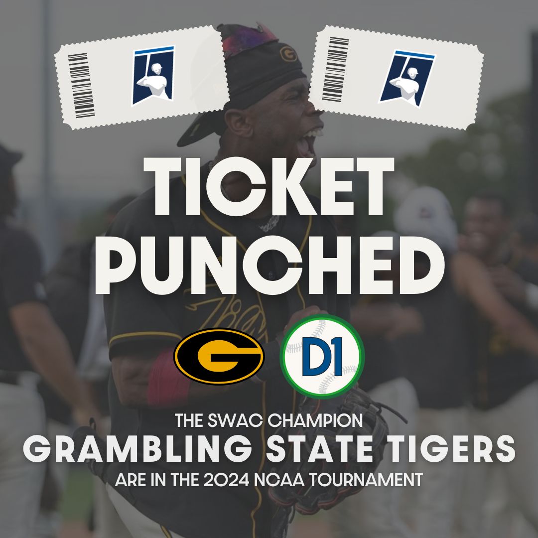 D1Baseball (@d1baseball) on Twitter photo 🎟 𝐓𝐈𝐂𝐊𝐄𝐓 𝐏𝐔𝐍𝐂𝐇𝐄𝐃 🎟
For the third time in program history and first time since 2010, <a href="/GramSt_Bsb/">Grambling State Baseball</a> is NCAA tournament bound!
🔗 buff.ly/4aElVnA 🎟 𝐓𝐈𝐂𝐊𝐄𝐓 𝐏𝐔𝐍𝐂𝐇𝐄𝐃 🎟
For the third time in program history and first time since 2010, <a href="/GramSt_Bsb/">Grambling State Baseball</a> is NCAA tournament bound!
🔗 buff.ly/4aElVnA