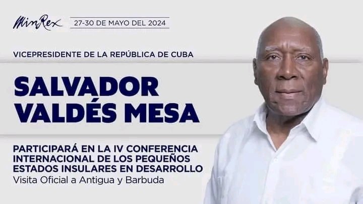 🇨🇺🇦🇬 | Arriba vicepresidente cubano, <a href="/SalvadorValdesM/">SalvadorVM</a>  a Antigua y Barbuda.
El Vicepresidente y la delegación que lo acompaña, participarán en la IV Conferencia Internacional de los Pequeños Estados Insulares en Desarrollo y cumplimentarán una visita oficial al país.