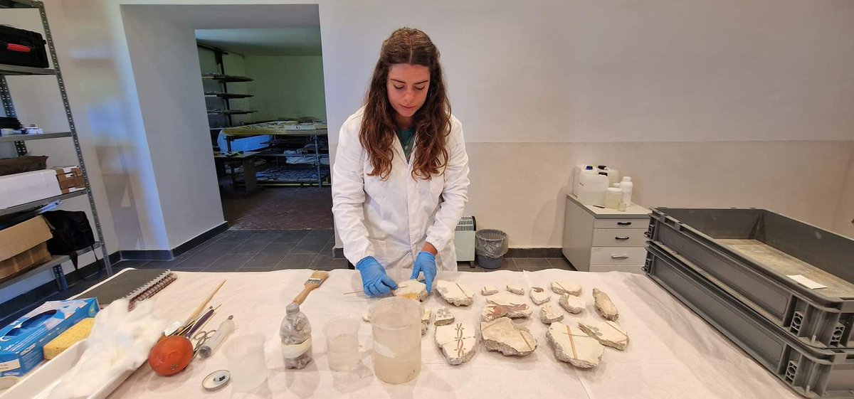 repairproject21's tweet photo. The work of the restorers continues inside the Pompeii storage rooms. Here the restorer Janire Mugica is consolidating some fragments of frescoes in Casina Rustica.
#repairproject https://t.co/NKdL6YGN5g