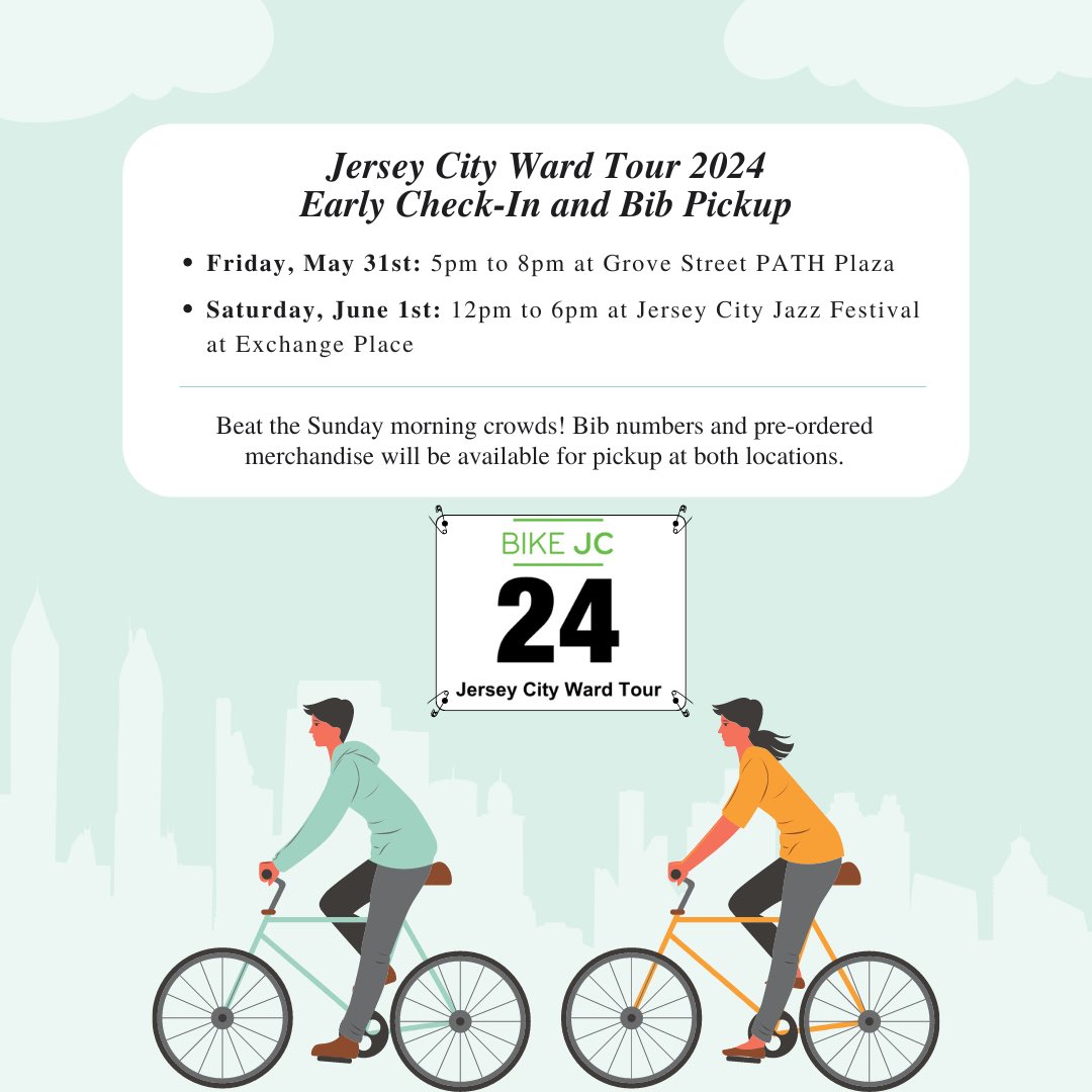bikejc's tweet photo. Announcing our #JCWardTour2024 early check-in &amp; bib pickup opportunities! Avoid the Sunday morning crowds and pick up your Ward Tour bib early on Friday or Saturday! 🚲 Pre-ordered merchandise will also be available for pickup. Take advantage so you can sleep in longer on Sunday! https://t.co/VKLvzlvYmN
