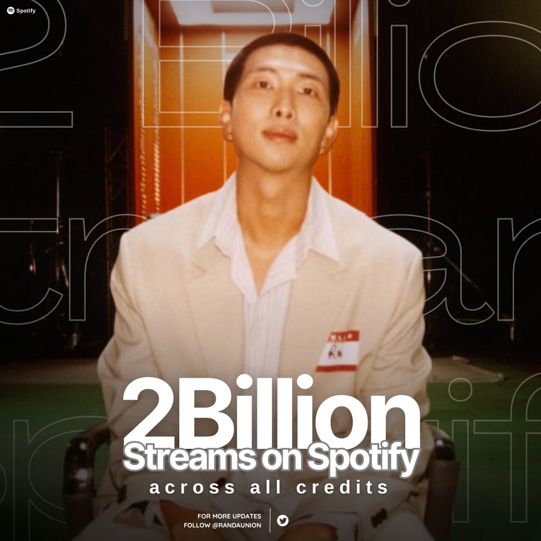 #RM has now surpassed 2 Billion streams on Spotify across all his credits.

He becomes the 6th male artist and 6th bts member to reach this milestone.

CONGRATULATIONS RM
RM 2 BILLION ON SPOTIFY