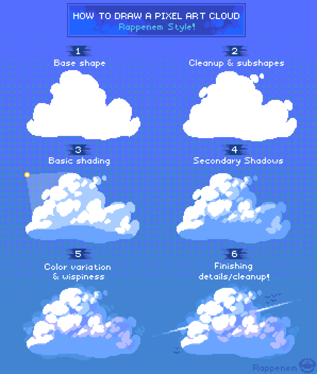Rappenem's tweet image. Pixel art cloud tutorial ☁ ✨ 
#pixelart #ドット絵