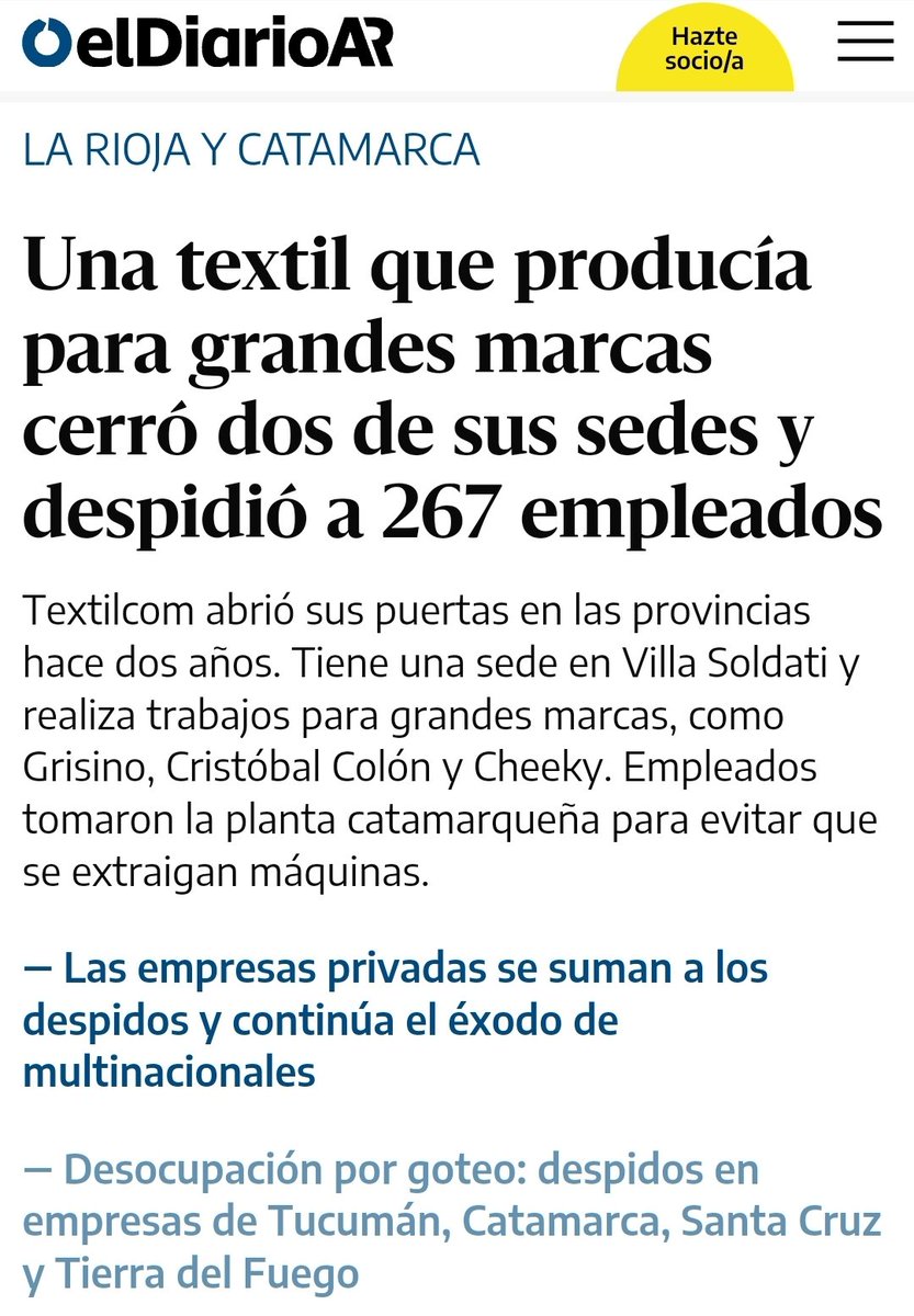 ⚠️ La crisis alcanzó al sector textil, el único que lograba mantener índices de producción y venta positivos bajo el régimen de Milei. Las firmas Textilcom y Alpacladd cerraron tres plantas y echaron a 300 trabajadores de La Rioja y Catamarca, los cuales tomaron los talleres para