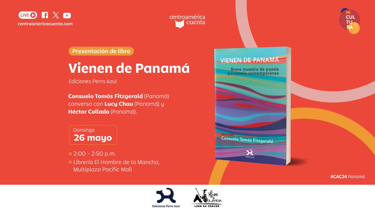 Hoy domingo 26 de mayo, en el marco de Centroamérica Cuenta <a href="/cacuenta/">Centroamérica Cuenta</a>, presentamos “Vienen de Panamá. Breve muestra de poesía panameña contemporánea” de la antologadora Consuelo Tomas Fitzgerald. 
Los esperamos en El Hombre de la Mancha <a href="/twittdelamancha/">El Hombre de La Mancha</a>