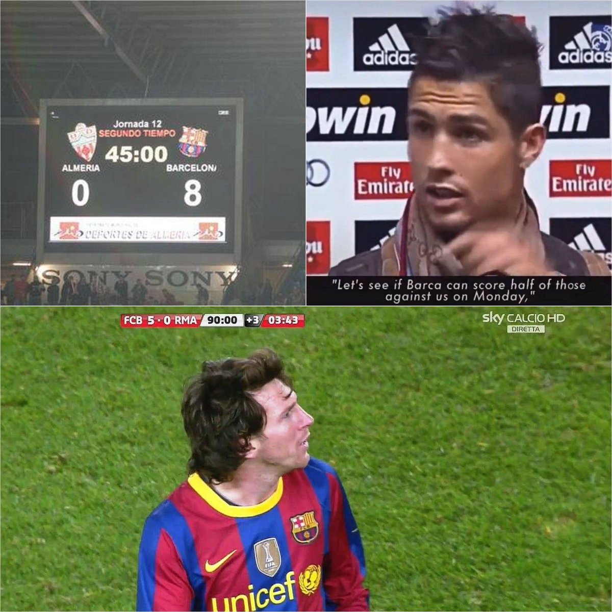 Messi_Flaa_'s tweet photo. Em 2010, o Barcelona venceu o Almería por 8 a 0 pela La Liga.

O próximo jogo seria contra o Real Madrid, no Camp Nou.

Em entrevista, Cristiano Ronaldo disse:

"Vamos ver se eles conseguem fazer metade desses gols contra nós na segunda"

O resultado? 5 a 0 Barcelona 

🥶🥶🥶 https://t.co/K1SmSxiTWm