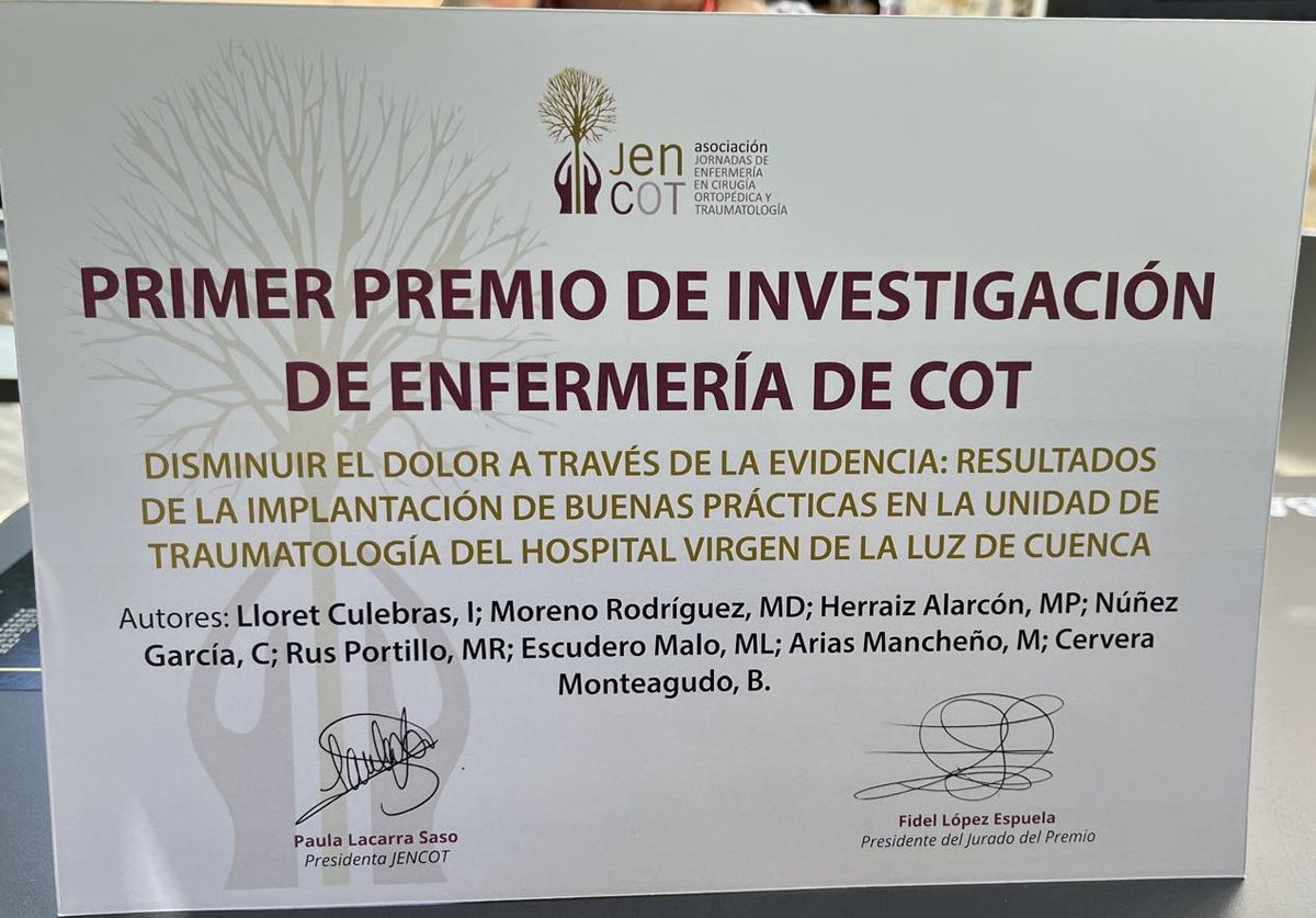 enfermerasbpso's tweet photo. 🚗 de vuelta gracias a #39JENCOT por excelente organización y contenido de la jornada y haber considerado nuestro trabajo merecedor de
✅ 🥇 PREMIO DE INVESTIGACIÓN @JENCOT_oficial
👏 👏impulsoras buenas prácticas dolor unidad 3A traumatología
@DorisGrinspun
@excelenciaencu1 https://t.co/tbdsYvWcXh