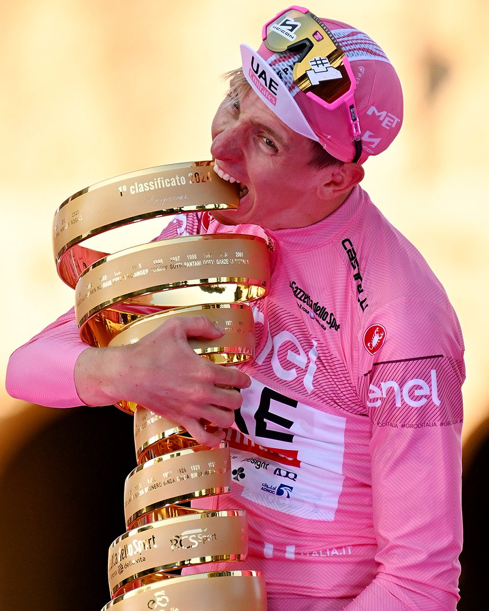 Never change, Tadej 😆 The UAE Team Emirates rider collected his iconic Giro d'Italia trophy in classic Pogačar style 🏆 📸 Getty Images ________ 🇮🇹 #Giro