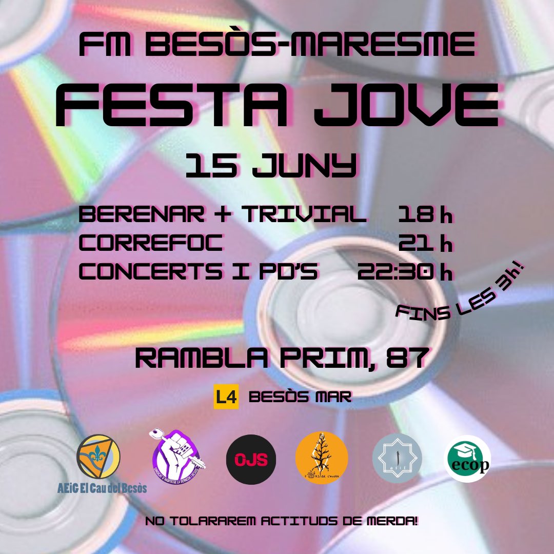 Presentem el primer avançament del programa de la Festa Major Jove del Besòs.

Un espai de trobada del jovent al barri del Besòs en el qual hem estat treballant de manera conjunta els darrers mesos.

Ens veiem el dia 15 de juny des de les 18:00. No hi falteu!