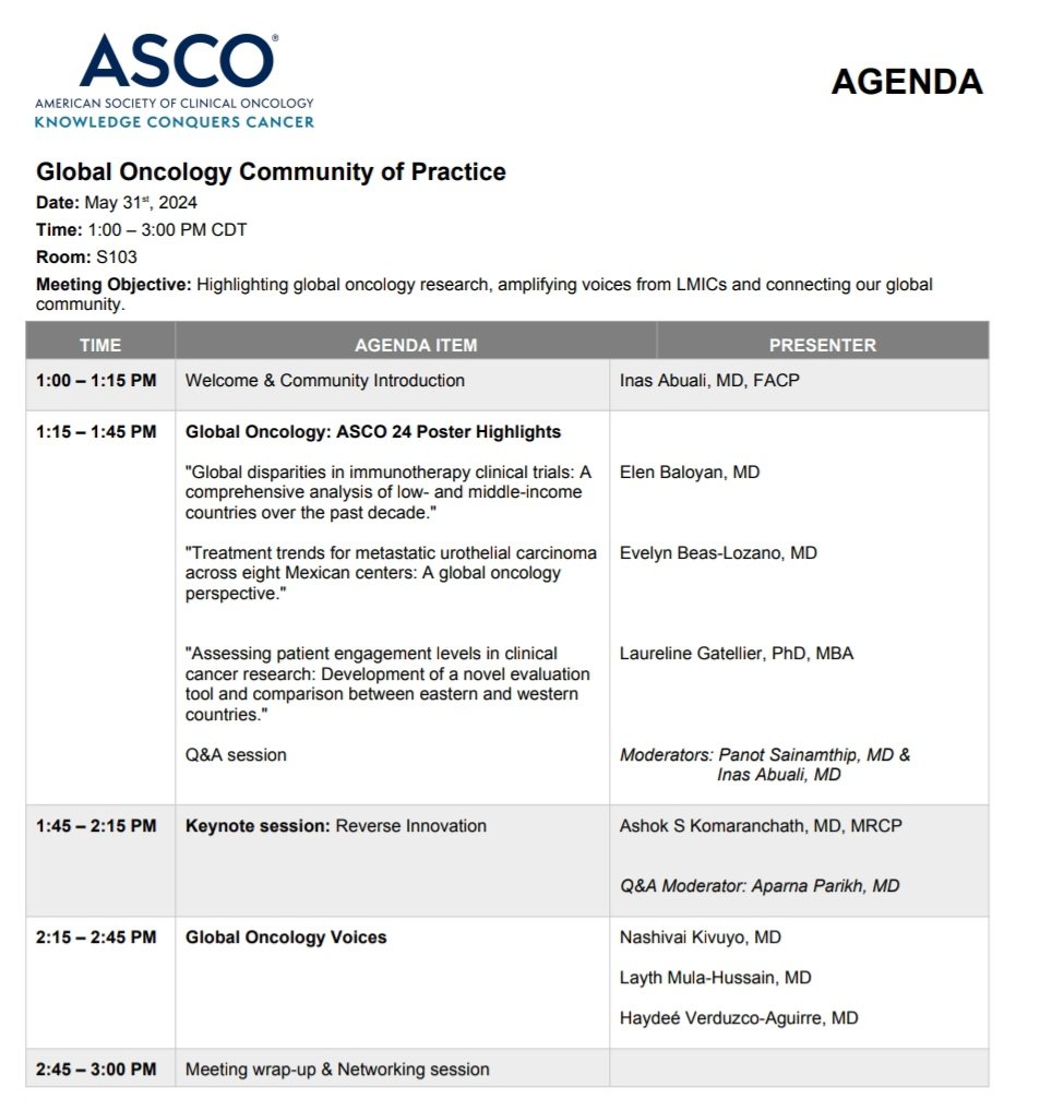 Stop by the inaugural Global Oncology Community of Practice meeting at the #ASCO24 Annual Meeting next week! Our agenda includes global oncology poster highlights, discussing reverse innovation, and amplifying global voices. Friday May 31st, 1:00 - 3:00 PM CDT Room S103 @ASCO