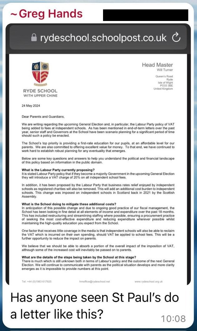 Gabriel_Pogrund's tweet photo. EXCL: Greg Hands triggers backlash after spamming Whatsapp group of parents of boys at elite St Paul's School - alma mater of George Osborne, etc. - about Labour's private school plans.   

Trade minister told "stop assuming everyone's a Tory" and that some feel it is "hard to justify" VAT exemption