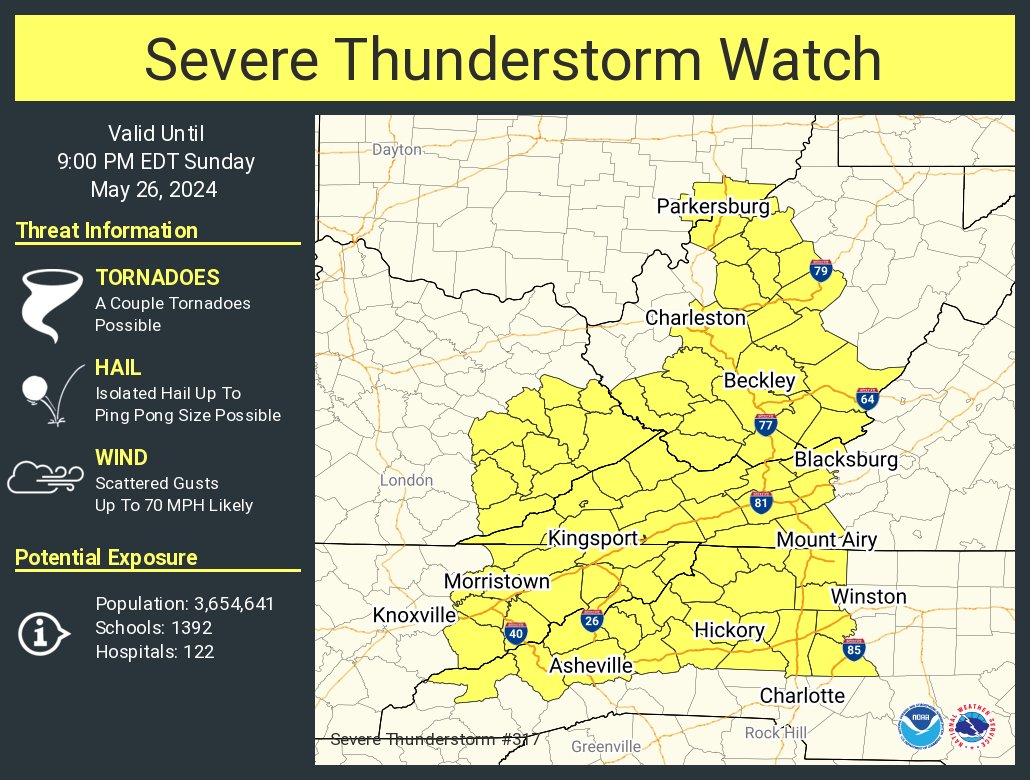 A severe thunderstorm watch has been issued for parts of Kentucky, North Carolina, Ohio, Tennessee, Virginia and West Virginia until 9 PM EDT