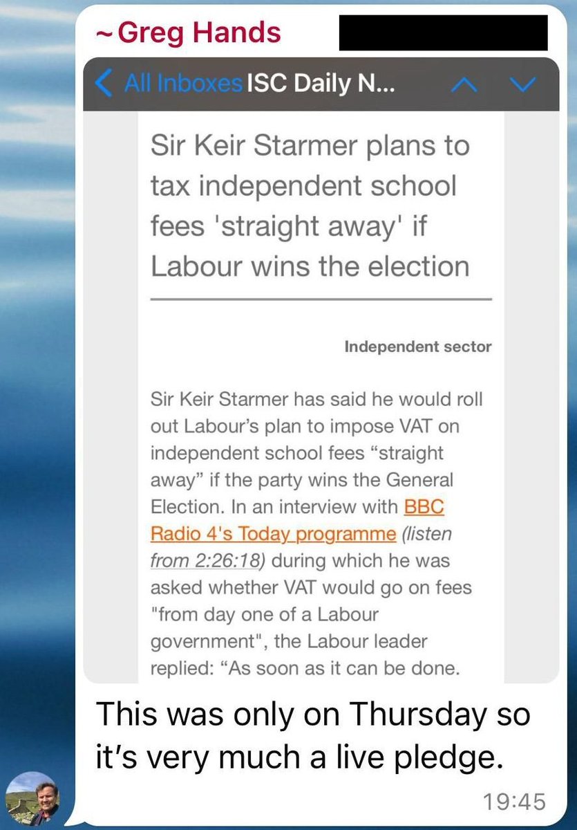 Gabriel_Pogrund's tweet photo. EXCL: Greg Hands triggers backlash after spamming Whatsapp group of parents of boys at elite St Paul's School - alma mater of George Osborne, etc. - about Labour's private school plans.   

Trade minister told "stop assuming everyone's a Tory" and that some feel it is "hard to justify" VAT exemption