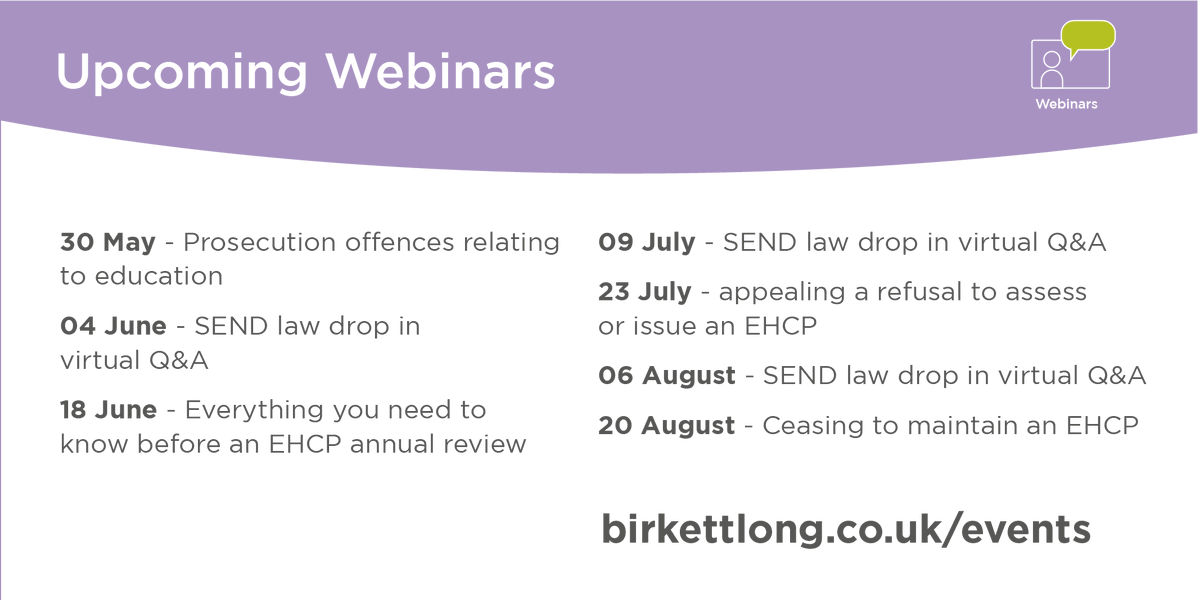 Check out our upcoming #free SEND law webinars. For education professionals and parents, guardians and carers of young people with SEND requirements. 

For more information and to register, visit our events page on our website 👉loom.ly/v7KZVFs

#Webinar #SEND #SENDLaw