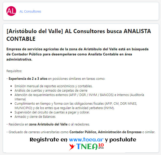 [#AristóbulodelValle] AL Consultores busca #ANALISTA #CONTABLE

◉Registrate en: tnea.ar
◉Ingresá aquí: tnea.ar/page/view-disc…
◉Seguí las indicaciones para postularte

#TNEA #Misiones #empleoar #trabajoar #Contabilidad #Contador #CienciasEconómicas