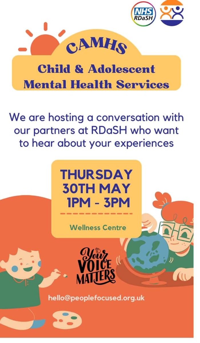 Thursday 30th May 1pm till 3pm CAHMS With @Christi29448451 This is a chance to have an open discussion with @rdash_nhs about your experiences of CAMHS services @childrencgrdash in @MyDoncaster. @TeamDoncaster1 @27_lynn @citizen_network @TobyLewis_NHS @KathLavery @NHSSYICB