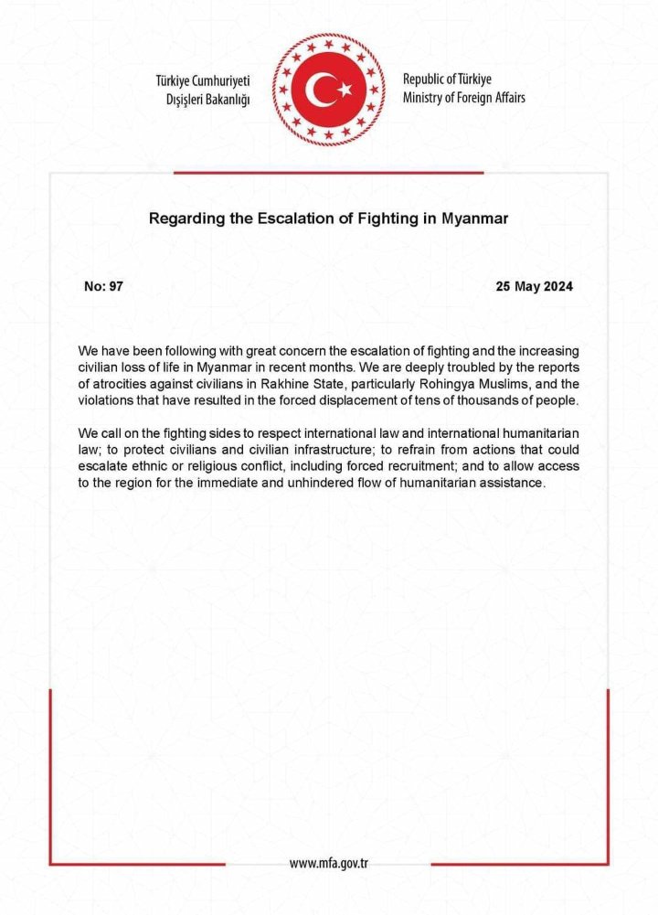 Türkiye statement on the forced displacement of Rohingya in Buthidaung, Northern Rakhine state of Myanmar. Thank you so much!