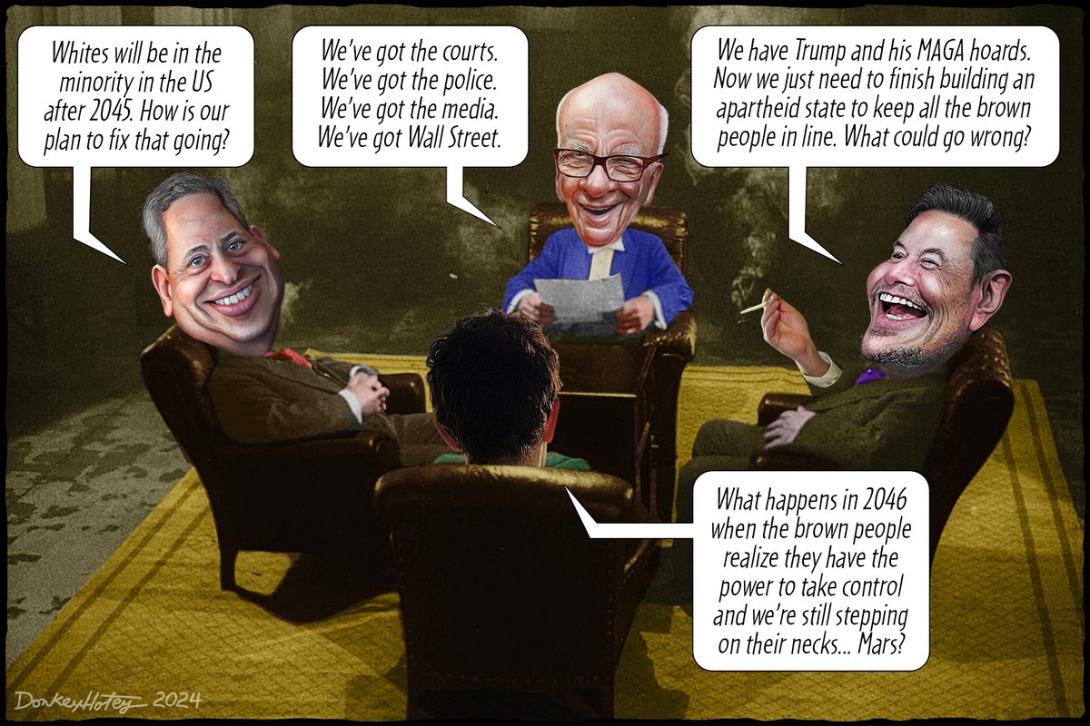 @DougJBalloon Masters of the Universe Meet to Plan a Whites-Only Future Elon Musk, Rupert Murdoch, David Sacks, Peter Thiel, and others plot to win the War on Woke. whowhatwhy.org/cartoon/master…