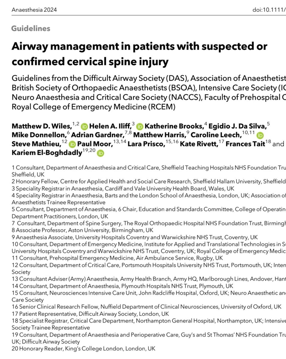 New joint guidelines on airway management in the setting of possible cervical spinal injury from the DAS, AOA, BSOA, ICS, NACCS, and RCEM (all European organizations) were just released.

Here's what you need to know:
-Minimize c-spine movement to the extent possible
-Use