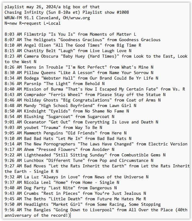 Ed Zeitz (@edzeitz) on Twitter photo my <a href="/WRUW/">WRUW-FM 91.1</a> playlist this am ft: <a href="/CHAST1TYBELT/">𝑪𝑯𝑨𝑺𝑻𝑰𝑻𝒀 𝑩𝑬𝑳𝑻</a> <a href="/teensintrouble/">Teens in Trouble</a> <a href="/PillowQueens/">Pillow Queens</a> <a href="/BodegaBk/">Bodega Bk</a> <a href="/ghosts_holiday/">Holiday Ghosts</a> <a href="/MirandaWinters_/">MANDY Winters</a> <a href="/BlushingBand/">Blushing</a> <a href="/oceanator/">oceanator</a> <a href="/youbetband/">youbet</a> <a href="/MammothPenguins/">Mammoth Penguins</a> <a href="/BadBadHats/">Bad Bad Hats</a> <a href="/helloahem/">a h e m</a> <a href="/SlumberlandRecs/">Slumberland Records</a> <a href="/lunchboxpop/">Lunchboxpop</a> <a href="/dimwizzy/">Dim Wizard</a> <a href="/dogpartylive/">Dog Party</a> @crumbsband <a href="/THEBETHS/">The Beths</a> + more my <a href="/WRUW/">WRUW-FM 91.1</a> playlist this am ft: <a href="/CHAST1TYBELT/">𝑪𝑯𝑨𝑺𝑻𝑰𝑻𝒀 𝑩𝑬𝑳𝑻</a> <a href="/teensintrouble/">Teens in Trouble</a> <a href="/PillowQueens/">Pillow Queens</a> <a href="/BodegaBk/">Bodega Bk</a> <a href="/ghosts_holiday/">Holiday Ghosts</a> <a href="/MirandaWinters_/">MANDY Winters</a> <a href="/BlushingBand/">Blushing</a> <a href="/oceanator/">oceanator</a> <a href="/youbetband/">youbet</a> <a href="/MammothPenguins/">Mammoth Penguins</a> <a href="/BadBadHats/">Bad Bad Hats</a> <a href="/helloahem/">a h e m</a> <a href="/SlumberlandRecs/">Slumberland Records</a> <a href="/lunchboxpop/">Lunchboxpop</a> <a href="/dimwizzy/">Dim Wizard</a> <a href="/dogpartylive/">Dog Party</a> @crumbsband <a href="/THEBETHS/">The Beths</a> + more