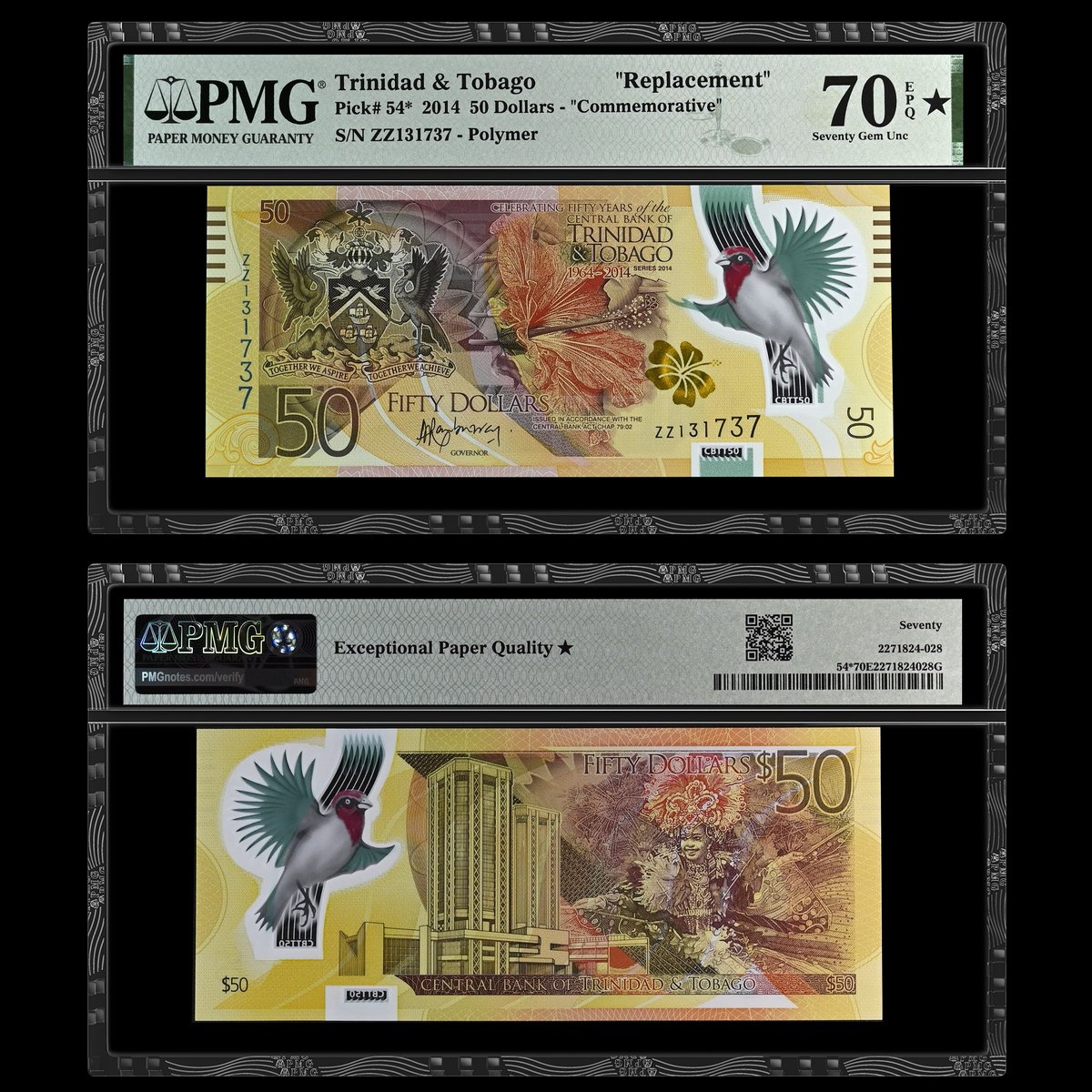 Note of the Day: This #SuperSunday we have another banknote boasting PMG’s highest grade on display. Take a look at this Trinidad & Tobago 2014 50 Dollars Commemorative Replacement graded PMG 70★ Gem Uncirculated EPQ. Discover more world banknotes at PMG.click/pop