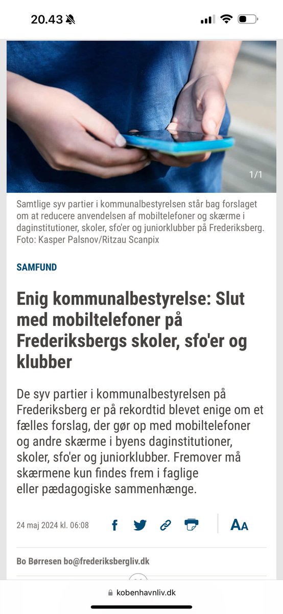 Stolt af at Frbs 7 partier i enighed i morgen stiller forslag om at skærm og mobil i skole og fritidsliv er noget der kun skal ske i faglig og pædagogisk sammenhæng - mere fysisk sammen og mindre digitalt, tak! #dkpol #frederiksberg