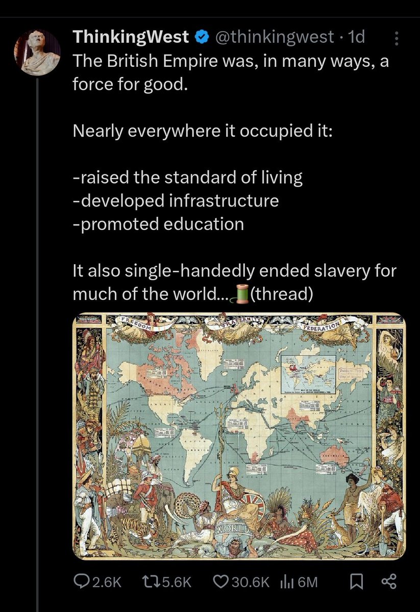 As with all imperial powers, the British Empire killed, directly and indirectly, a lot of people. You can't enjoy 'civilization' if you're dead. Did it develop infrastructure in some areas? Sure. But those were usually for resource exploitation, not the benefit of locals. 1/8