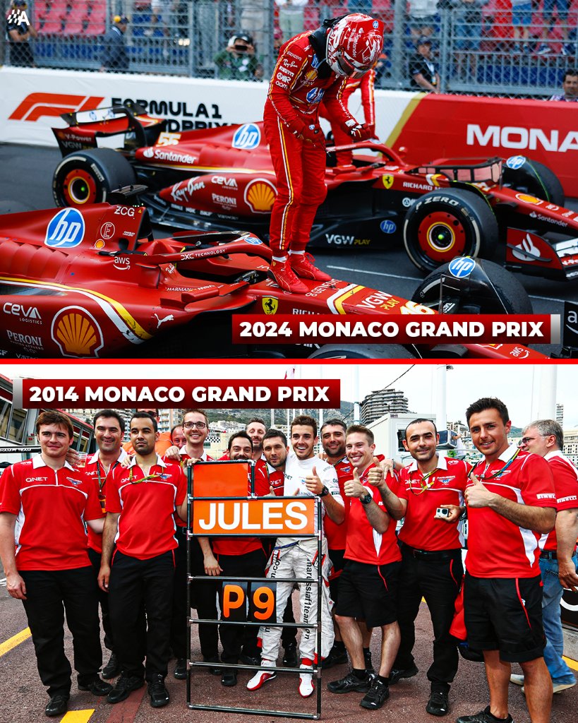10 years and one day later, Charles Leclerc continues the successful legacy started by his godfather, Jules Bianchi, at Monaco ❤️ 🤍 2014: Jules' first Monaco and #F1 points 2024: Charles' first Monaco victory #MonacoGP