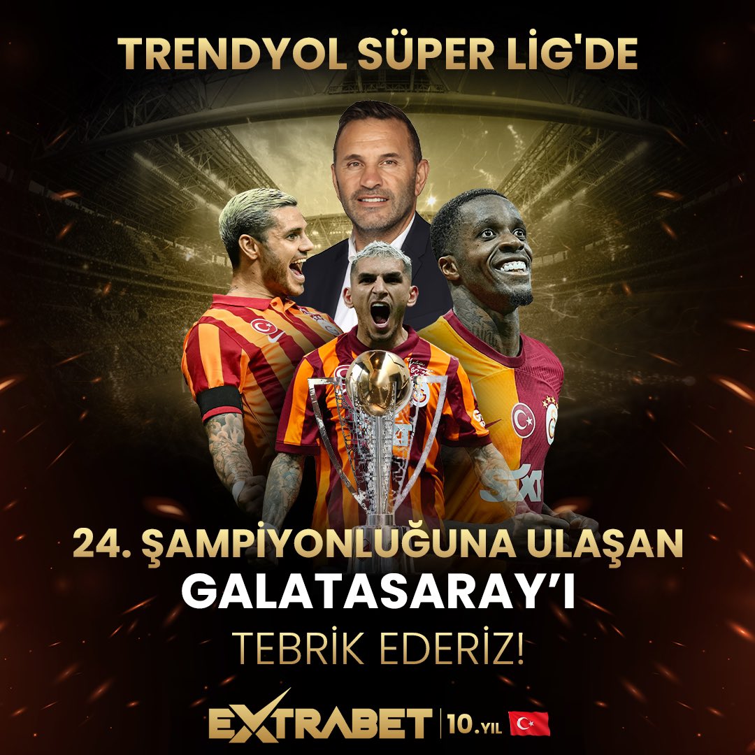 Türk Devi Extrabet olarak, 24. Süper Lig şampiyonluğuna ulaşan Galatasaray'ı tebrik ediyoruz! 👏🏻 e.t2m.io/Troll
