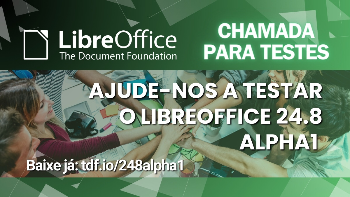 Chamada para Testes Ajude-nos a testar o <a href="/LibreOffice/">LibreOffice</a>  24.8 Alpha 1. Quer saber mais? Acesse o nosso blog:  pt-br.blog.documentfoundation.org/2024/05/26/cha…