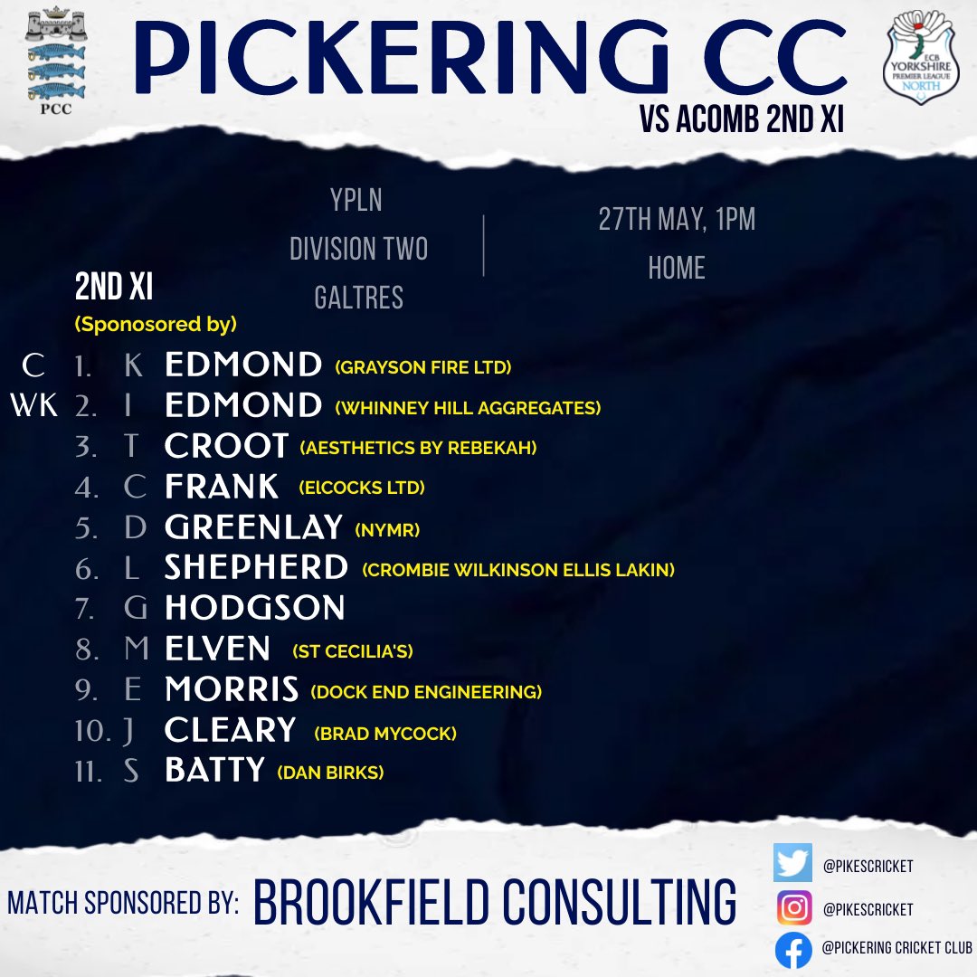 🚨Monday Teams🚨

Monday sees the rearranged fixtures from the first game of the season cancellations take place. The 1st XI have hit the front at the top of Division 1 East and look to keep up the run, while the 2nd XI will be looking to follow up their derby win home to Acomb