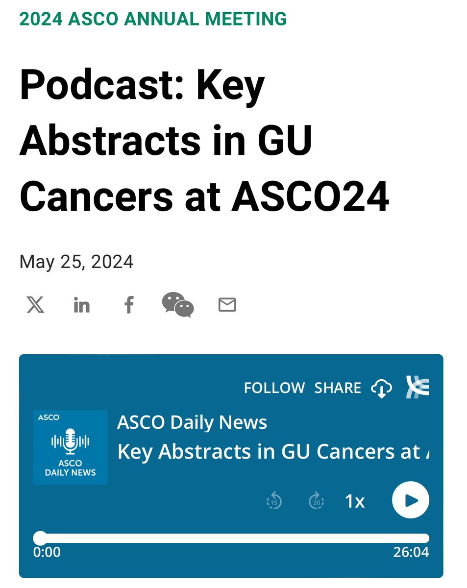 Just in👉Our official @ASCO #ASCODailyNews Podcast highlighting some GU abstracts from #ASCO24 👉 you can listen or read the transcript 👉Open access link to all across the world 👉 brnw.ch/21wK9q4 @OncoAlert @urotoday @kidneycan @PCF_Science @BladderCancerUS
