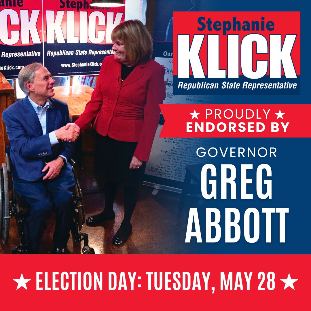 Stephanie Klick (@stephanieklick) on Twitter photo Election day is on Tuesday! I’m honored to have Gov. <a href="/GregAbbott_TX/">Greg Abbott</a>’s strong endorsement for re-election in #HD91. Make your voice count and support proven conservative leadership! Find your nearest voting location: bit.ly/44Zsyj6. #txlege Election day is on Tuesday! I’m honored to have Gov. <a href="/GregAbbott_TX/">Greg Abbott</a>’s strong endorsement for re-election in #HD91. Make your voice count and support proven conservative leadership! Find your nearest voting location: bit.ly/44Zsyj6. #txlege