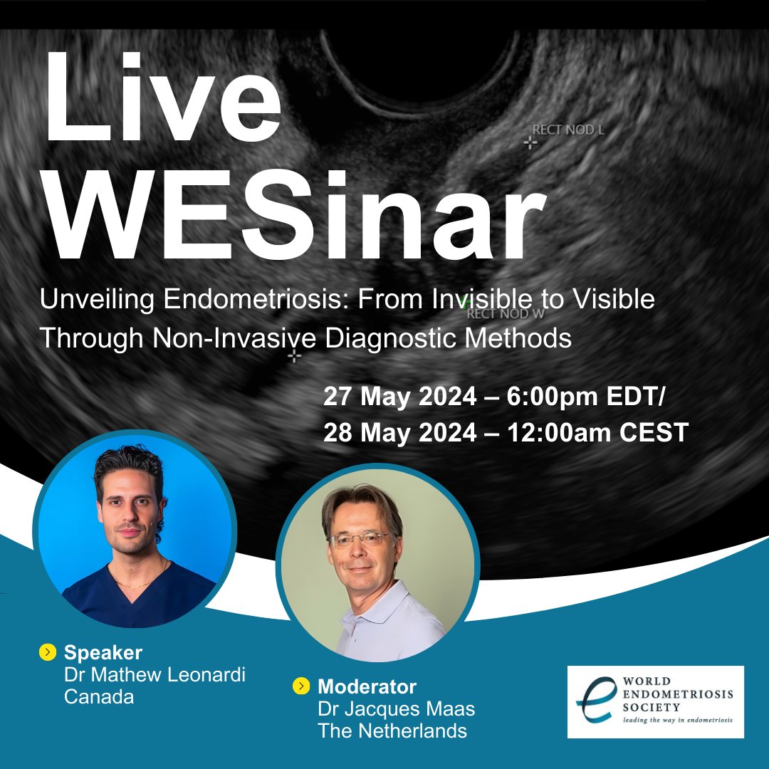 The World #Endometriosis Society has our next WESinar SOON! Unveiling Endometriosis: From Invisible to Visible Through Non-Invasive Diagnostic Methods Speaker: Dr @mathewleonardi 28 May 2024 – 5:30pm EDT/ 11:30pm CEST To register, please click here: lnkd.in/g3Sw5xQj