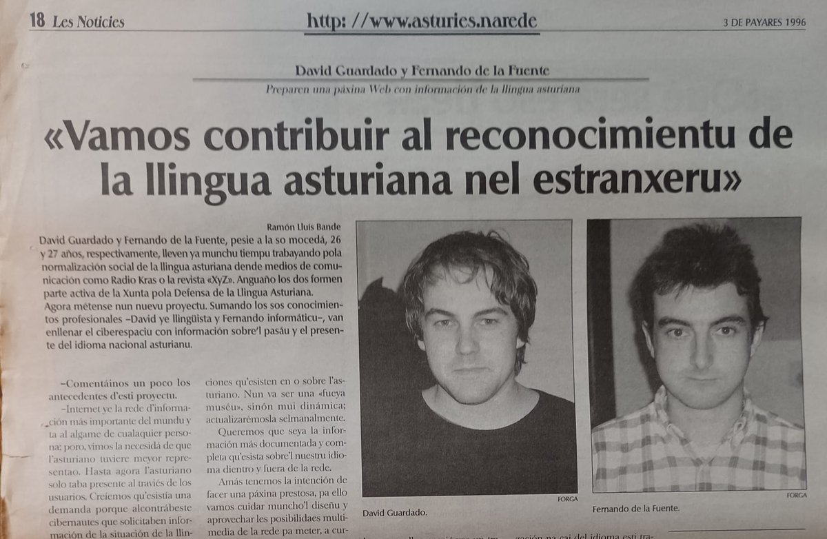 davidguardado's tweet photo. En 1996 Les Noticies entrevistábanos pa falar d'un proyectu que diba concretase nel nacimientu d'https://t.co/caSpYuM0Q5, un mediu de comunicación n'asturianu qu'anunció ayeri'l so final depués de 26 años na rede. 
Un abrazu pa tola xente que foi parte d'esi proyectu tan guapu. https://t.co/1vMzP5SUm4