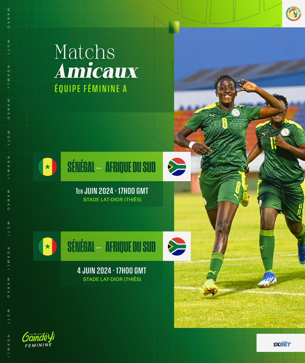 #PréparationWAFCON2024 | Le premier match amical de nos lionnes contre l’Afrique du Sud, initialement prévu le 31 Mai 2024 a été reporté au 1er juin. L’heure (17h00) et le lieu (Stade Lat Dior) restent inchangés.