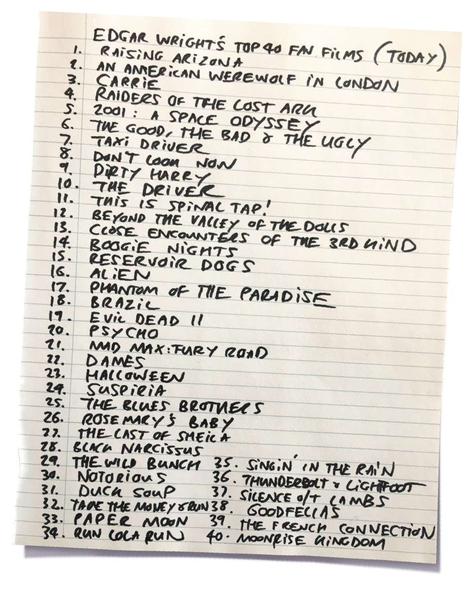 Edgar Wright's handwritten list of his top 40 films.