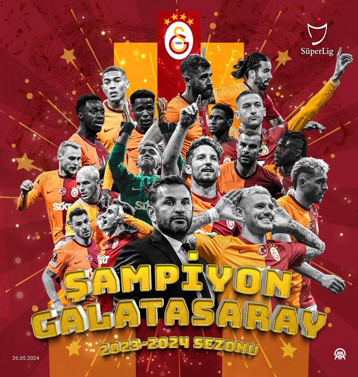 Süper Lig 2023-2024 sezonu şampiyonu olan Galatasaray'ı ve tüm Galatasaray camiasını yürekten kutluyorum. ⚽🏆👏🏻