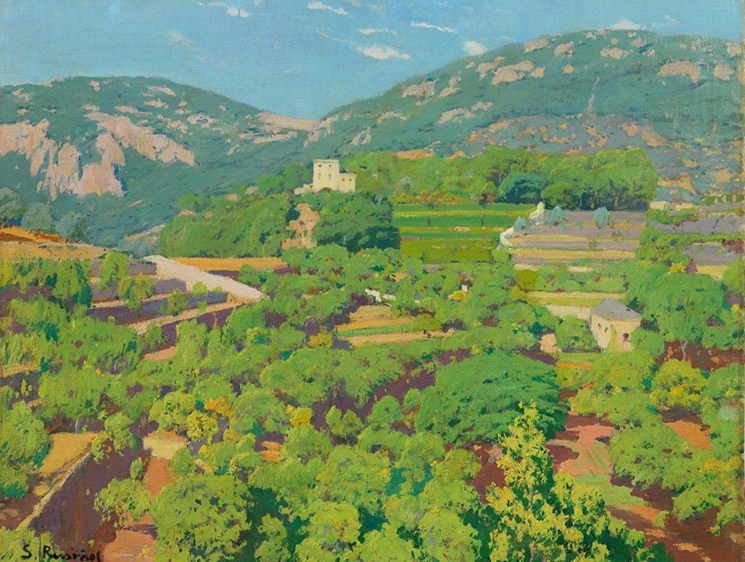 Painted in 1919, Santiago Rusiñol's picture depicts the estate of Sa Coma in Valdemosa on Mallorca’s east coast. His early works demonstrate the influence of the French Barbizon School, often with the inclusion of solitary figures, but the influence of the Impressionists began to