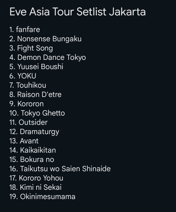 Azamiyuki3's tweet photo. Eve Jakarta Setlist🔥
#EveAsiaTour #EveinJakarta https://t.co/qYLBDe4udj