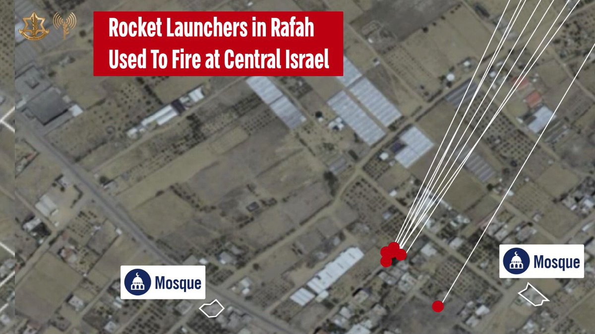 The rocket launcher that fired 8 projectiles from the area of Rafah toward central Israel was situated near 2 mosques. Shortly after the attack, the rocket launcher was struck by an IAF aircraft. While we facilitate aid to the Rafah area, Hamas fires rockets toward Israeli