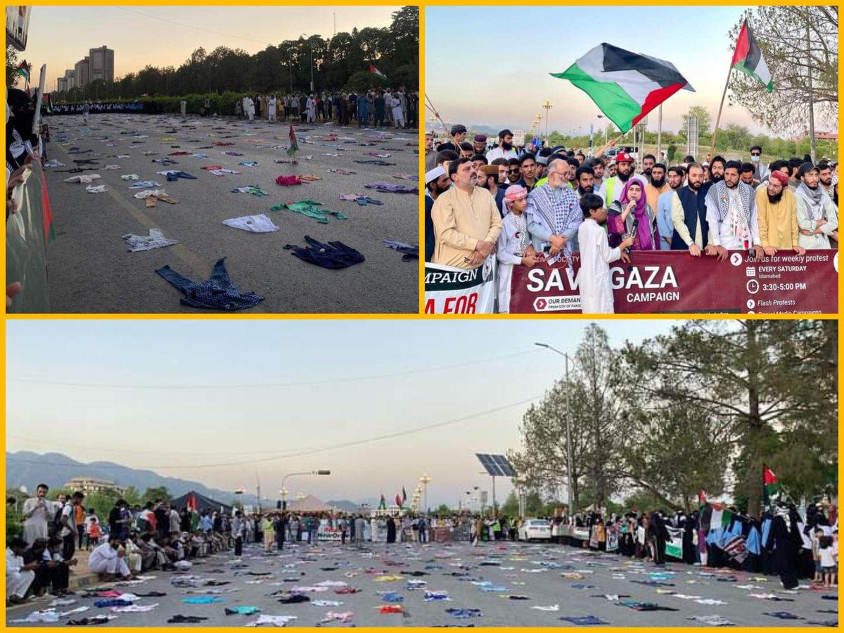 Children’s clothes were laid on the road in front of Pakistani Parliament House as a symbolic demonstration in memory of Gaza's martyred children.
#SaveGazaCampaign #GazaGenocide‌ #rafah_under_attack #FREEPALESTİNE #غزة_ربي_حاميها